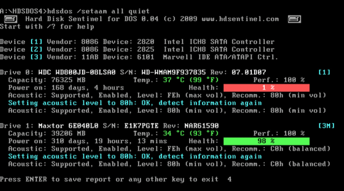 The DOS version of Hard Disk Sentinel in HIREN CD. In the demo above, the tool assesses and reports 1% for one disk and 98% for another
