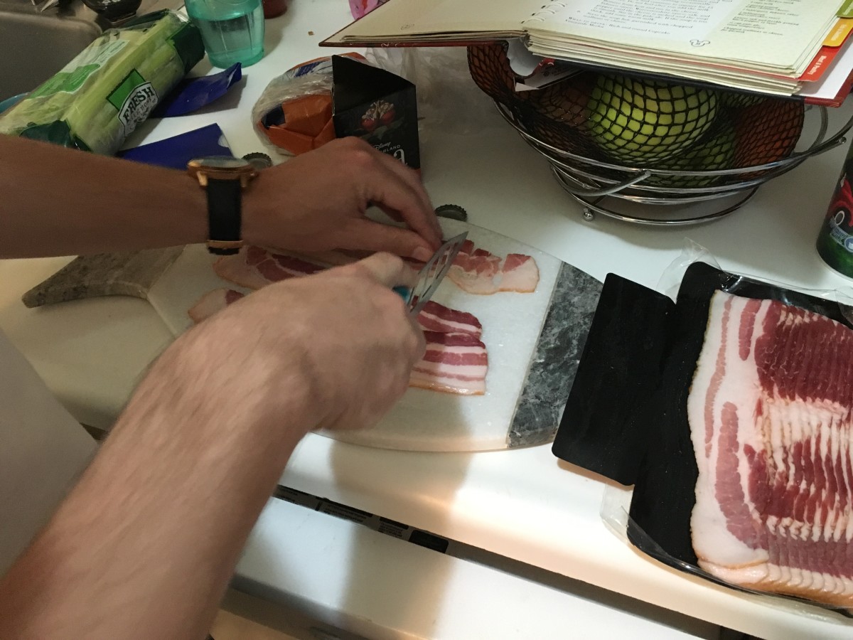 My boyfriend loves to help me in the kitchen, so I put him to work cutting bacon and grating cheese.