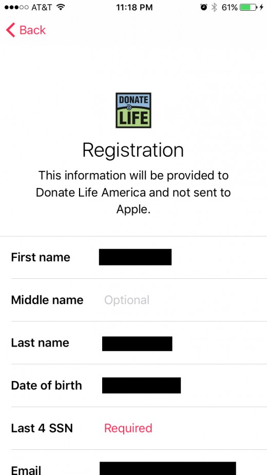 You'll have to supply your first name, last name, the last four of your social security number, and your address to become an organ donor.