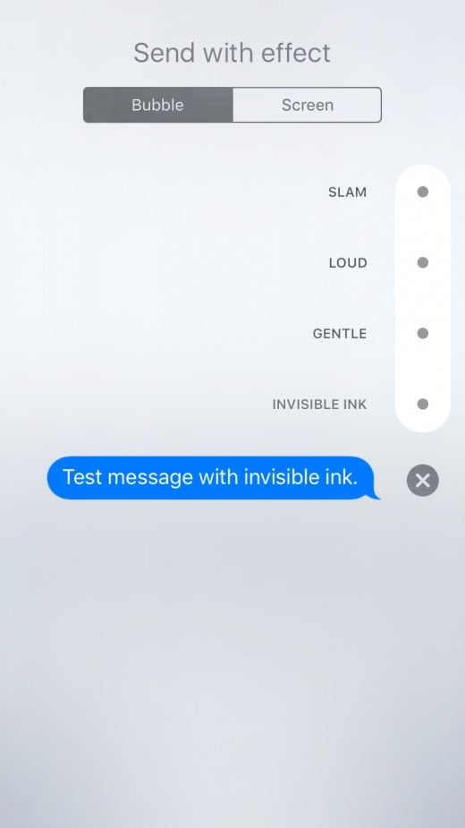 Hold your finger against the upward-pointing arrow to the right of your message to display the Send with Effect screen.