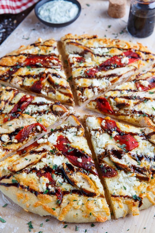 Mediterranean Grilled Chicken and Roasted Red Pepper Pizza with Feta and Balsamic Glaze