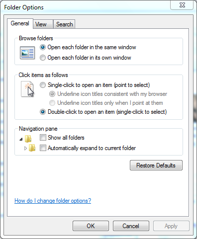 General, View and Search tabs in Windows 7 Folder Options dialog box