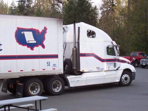 This truck belongs to Covenant Transport, a big trucking company in the United States