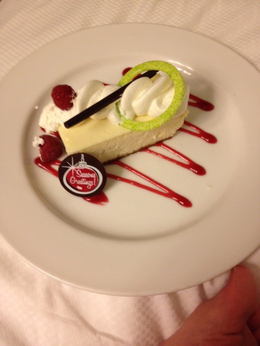In two days we had walked 26 miles on my pedometer and my legs felt it.  So when room service was ordered we ordered dessert too.  Look at how beautiful the desert is even for room service.