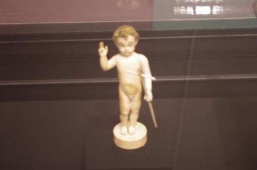 "Infant Christ as Savior" (17th century). Made of ivory, gilding, and traces of paint. This was most likely brought by the missionaries or "death bringers" depending on your level of pessimism. 