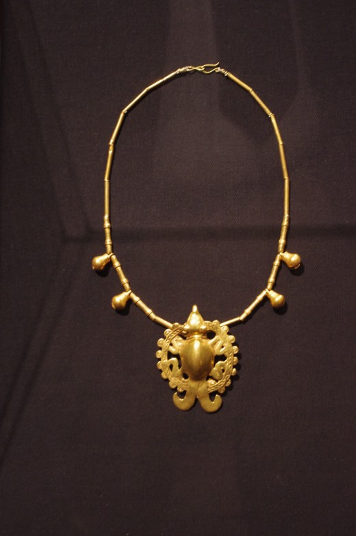 "Necklace with Shamanic Effigy Pendant" Veraguas-Gran Chiriqui (Period V-VI, 700-1520 A.D.). Made with cast gold alloy. "He went to Jarrue's!"