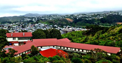 Aerial view of the abandoned Wellington Chest Hospital. The background is part of Wellington City, NZ. 