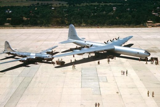 The B-36 sitting next to the B-29 the bomber that delivered the atomic bombs on Hiroshima and Nagasaki.