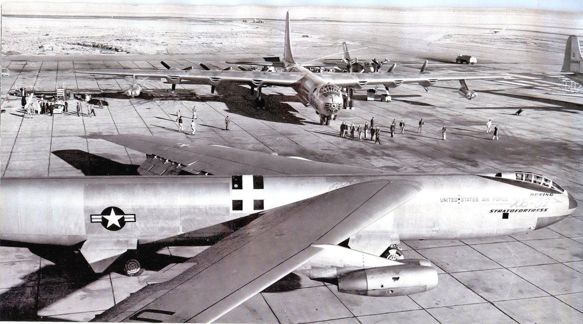 The B-36 and B-47 together on the runway.