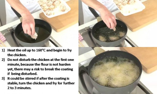 fry the chicken in the hot oil for 2~3 minutes with 160°C.