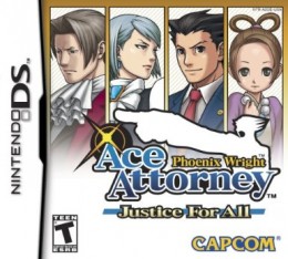 Phoenix Wright: Justice For All Nintendo DS game cover. From left to right: Miles Edgeworth, Franziska von Karma, Phoenix Wright, Pearl Fey