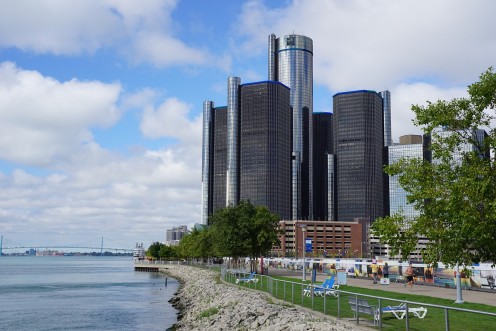 The Waterfront along the Detroit River with the Renaissance Center prominent.