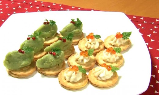 Canape of mashed potato with avocado, and cream apricot.