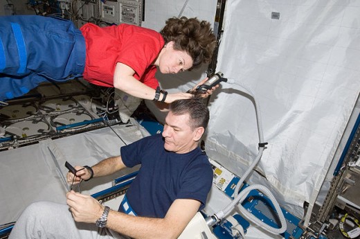 Haircuts also occur in space at the International Space Station. During the various Expeditions astronauts use hair clippers attached to vacuum devices for grooming their colleagues so that the cut hair will not drift inside the weightless environmen