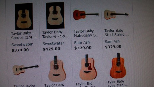 Good information om Baby Taylor's. Notice the different types of wood used. Cedar or Spruce can be used for the top.You can also get the Baby with a mahogany top.I prefer the Spruce as it has a brighter sound. The cedar is much warmer/