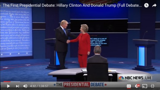 Distance between the candidates is less than before, as DJT's arm embraces HRC's back appearing to draw her closer. DJT's stance changes from square to face toward audience more.