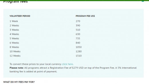 A table featuring the fees for a volunteering project in Ecuador.