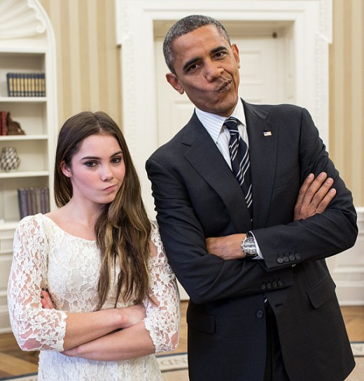 President Barack Obama jokingly mimics U.S. Olympic gymnast McKayla Maroney's "not impressed" look while greeting members of the 2012 U.S. Olympic gymnastics team in the Oval Office, November 15, 2012.