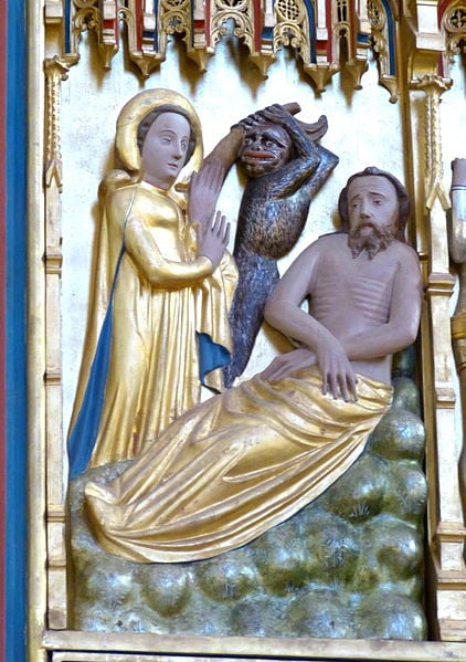 Bad Doberan ( Mecklenburg ). Minster: Altar of Cross - Christ side ( 1370s ): Job gets mocked by his wife and the devil.