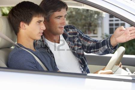 Father training his son to drive the car