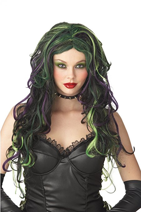 I recommend this multi-colored witch wig consisting of black, purple and green hair because it's absolutely perfect for those wearing a dark-colored Halloween costume. Its striking appearance will add to your look and highlight your outfit
