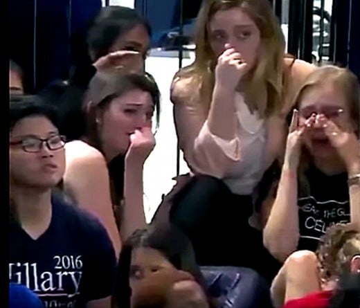 Jolting welcome into the real world: Special Snowflakes sob over Big Sister Hillary's election loss to the Basket of Deplorables.