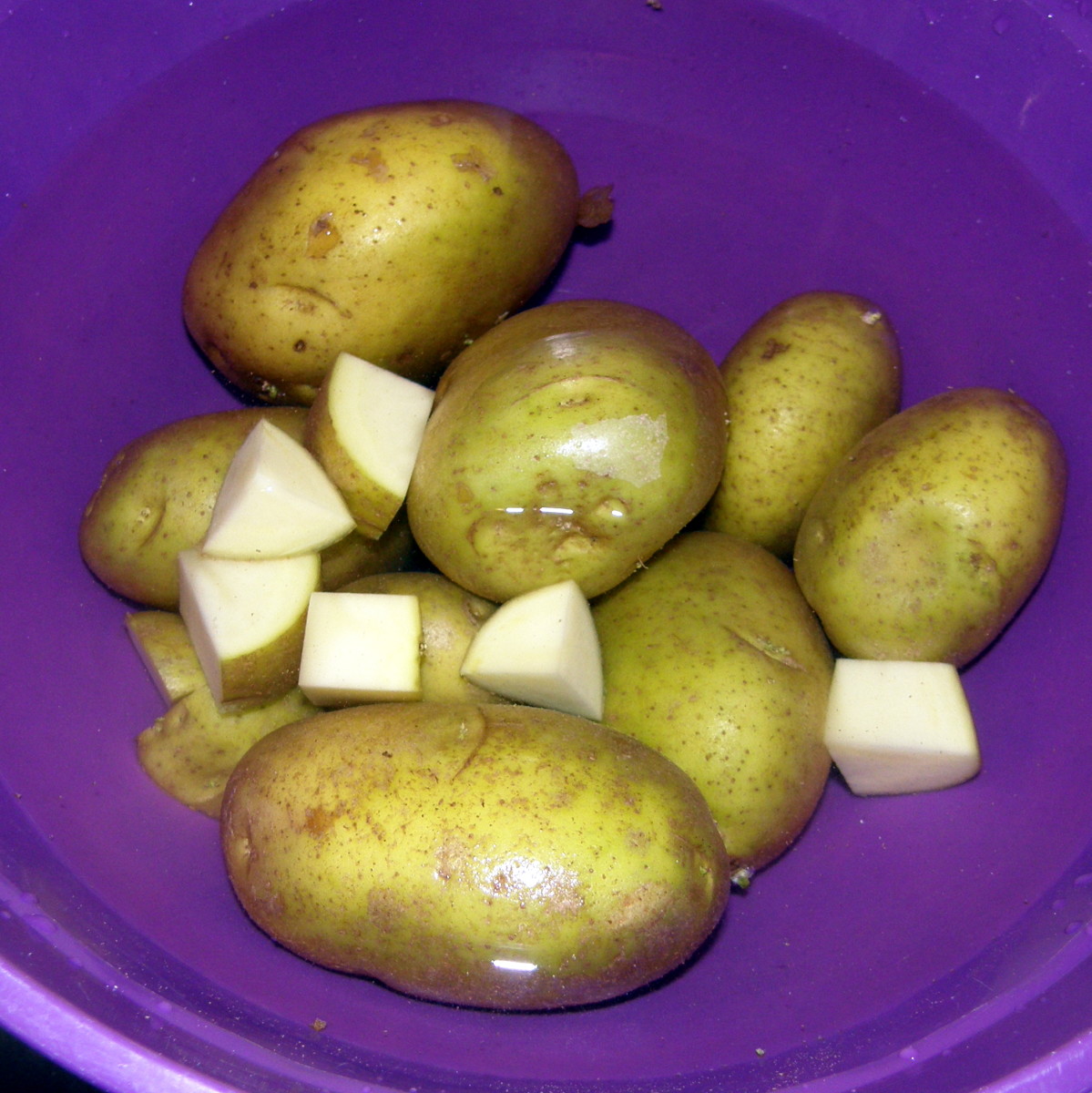 Cut the potatoes up into bite-sized chunks.