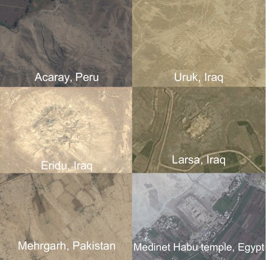Six examples of ancient contours of ancient structures. Most of them are destroyed, yet in many cases remain the contours of the foundations visible.