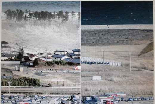 Natori city in Miyagi prefecture is seen being engulfed by a huge wave as the tsunami hits on 11 March 2011. The same area is seen on 18 February 2016. (Kyodo/Reuters)