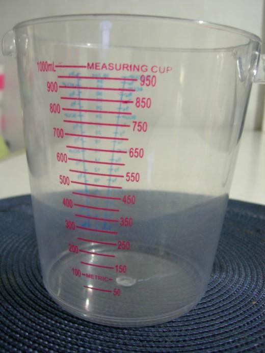 Plastic graduated measuring cup with cup measurement gradation and its equivalent in milliliter gradation.