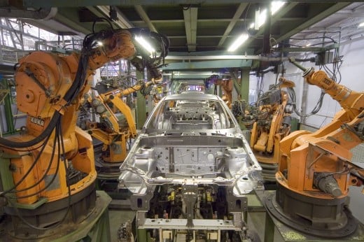 Industrial robot being used on a car manufacturing line