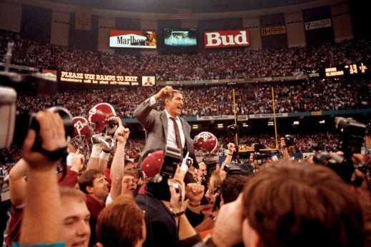Then-Alabama head coach Gene Stallings carried off of he field in the 1993 Sugar Bowl  for engineering a National Championship for the Tide in a 34-13 rout of Miami