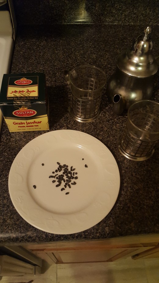 Moroccan Tea , there are many different kinds , but this is mostly what we use and I took some out and put it on a plate so you can see what it is.