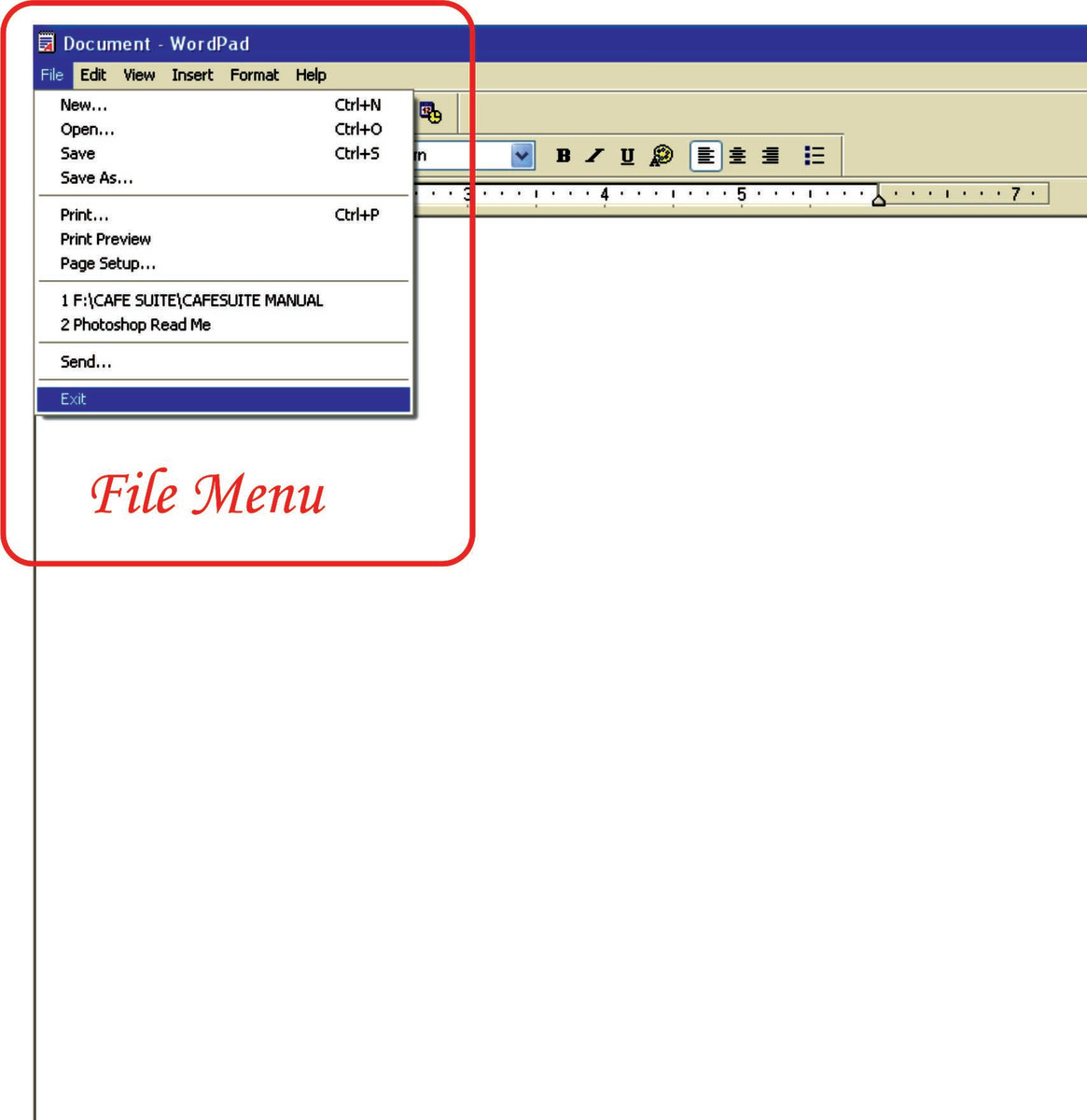 File Menu of WordPad