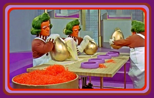 The Oompa-Loompas are cleaning and sorting the chocolate golden eggs