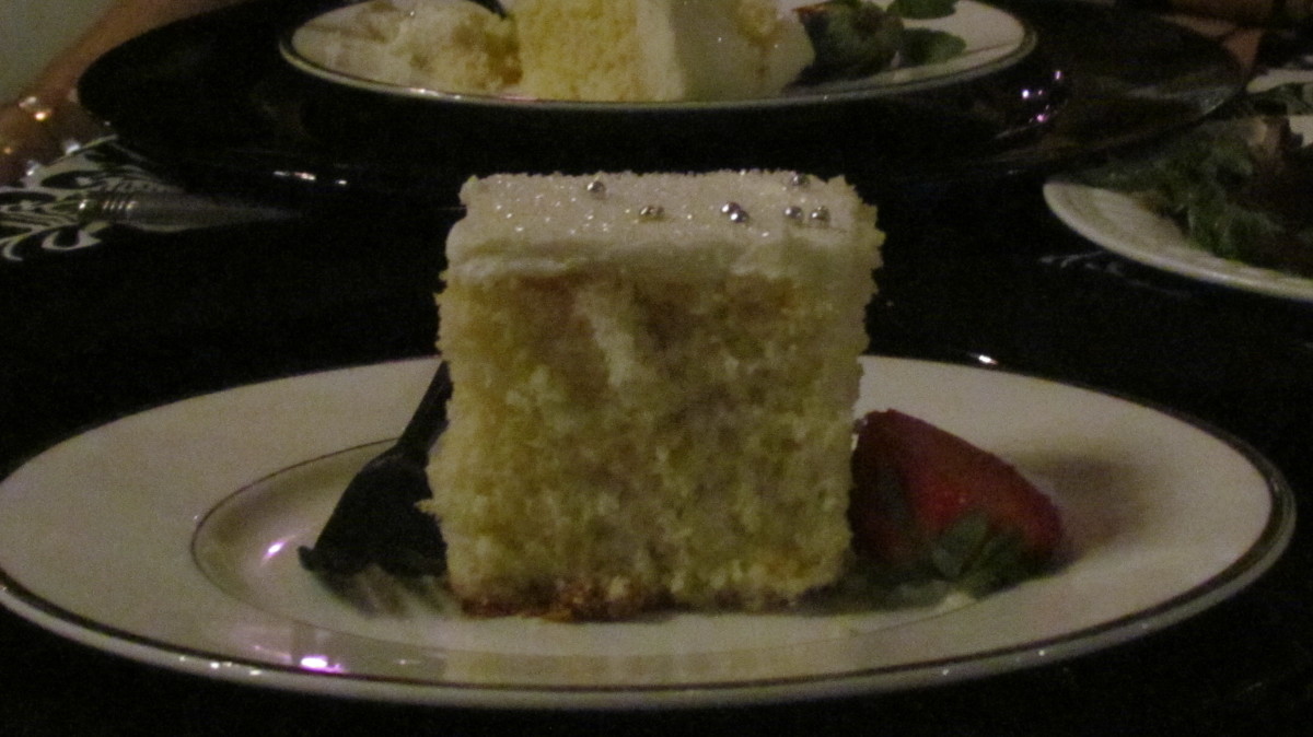 Vanilla cake, with silver toppings and vanilla icing were served for desert 
