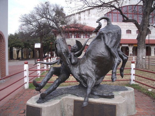 Statue in honor of Black cowboy William Pickett, placed in Forth Worth, Texas at the stockyards.