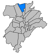  Map of Luxembourg City, Luxembourg, with the boundaries of the city's twenty-four quarters demarcated and the quarter of Beggen highlighted in blue.