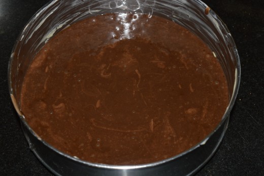 cake mix inside the butter coated baking tin
