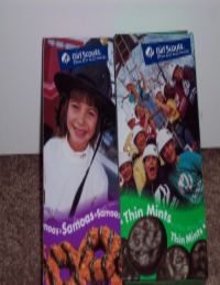 Boxes of popular Girl Scout cookies: Samoas, Thin Mints.