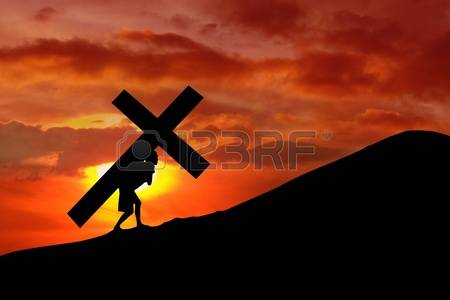 Jesus Christ forced by Romans to carry own Cross before His Crufixion.