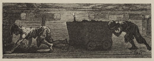 Children working in a coal mine during the 19th century. This picture shows "putters" or "trolley-boys" whose job is to push coal-carts underground.