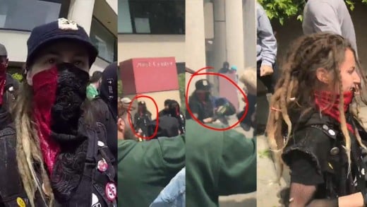 Antifa activist Louise Rosealma (also known as Moldylocks) wielding a bottle at a conservative rally.