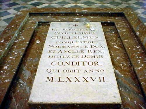 William's memorial in Latin on the floor near the high altar of the abbey church of the Abbaye aux Hommes