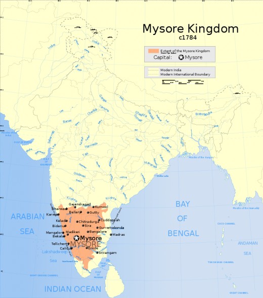 The Kingdom of Mysore at its greatest extent in 1784