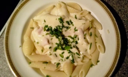 Pasta with creamy cheese and herb sauce. Fast and easy herb recipe.