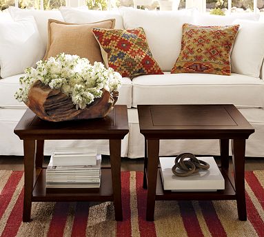 Wood square coffee tables by Pottery Barn