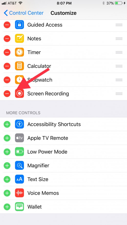 You should automatically see the Screen Recording app shortcut be added to the Include section, which means it will now be available in the Control Center.