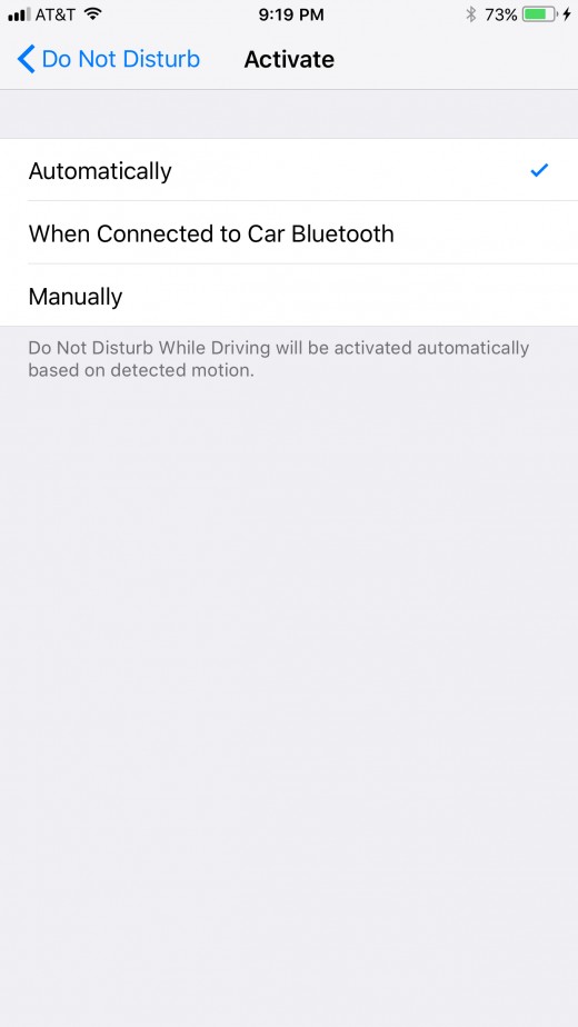 Selecting "Automatically" will only enable the Do Not Disturb While Driving feature when your iPhone detects you're in a moving vehicle.