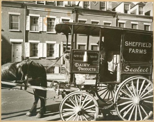 Milk wagon and old houses, Grove Street, No. 4-10, Manhattan.